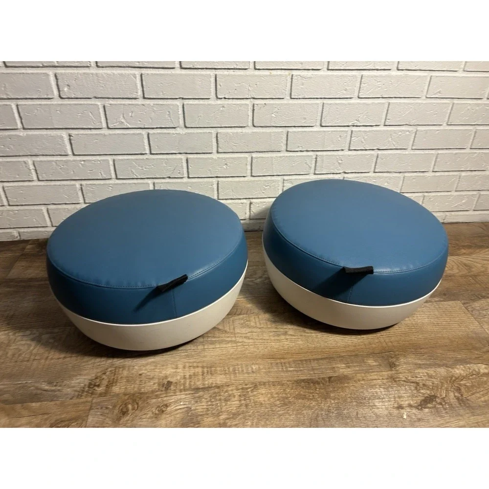 Matching Pair of Steelcase Brody Ottomans – Turquoise Blue & White